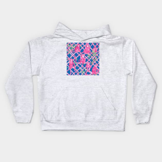 Pink monkeys and bamboo lattice on navy blue Kids Hoodie by SophieClimaArt